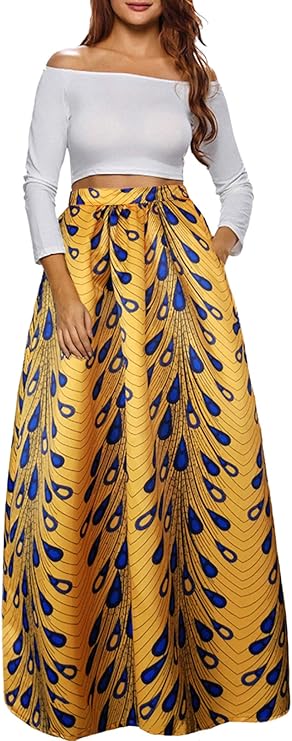 Afibi Women African Printed Maxi Skirt with Pockets S-5XL