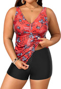 Yonique Womens Plus Size Tankini with Shorts - Red Floral Tummy