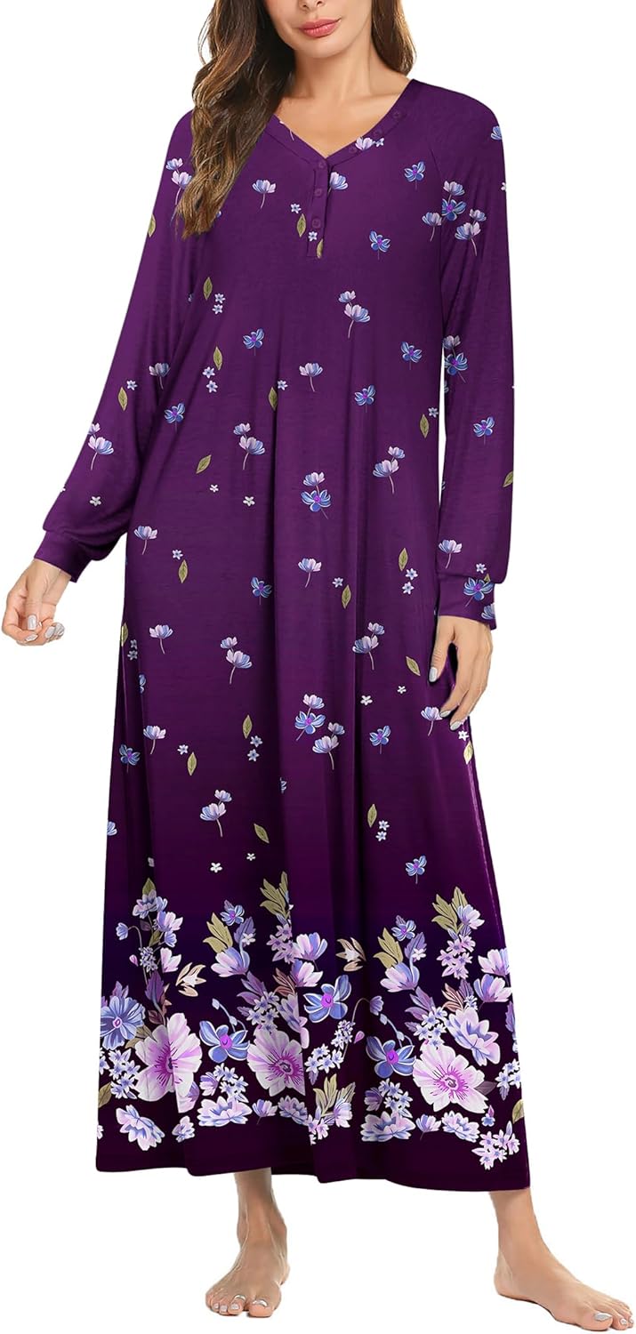 Ekouaer Nightgown Long Sleeve V Neck Loungewear for Women