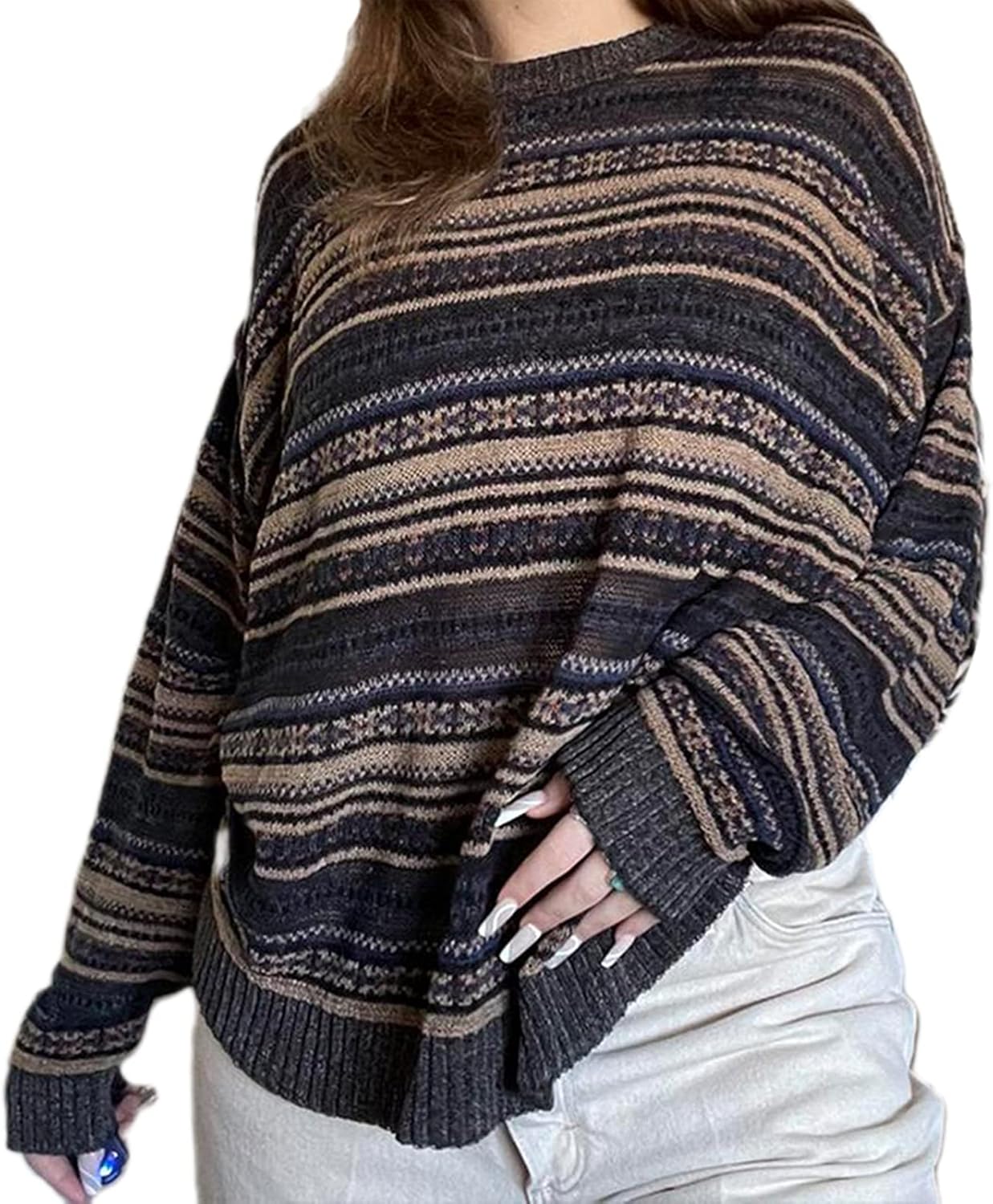 Women Y2K Argyle Striped Pullover Sweater for Vintage Style