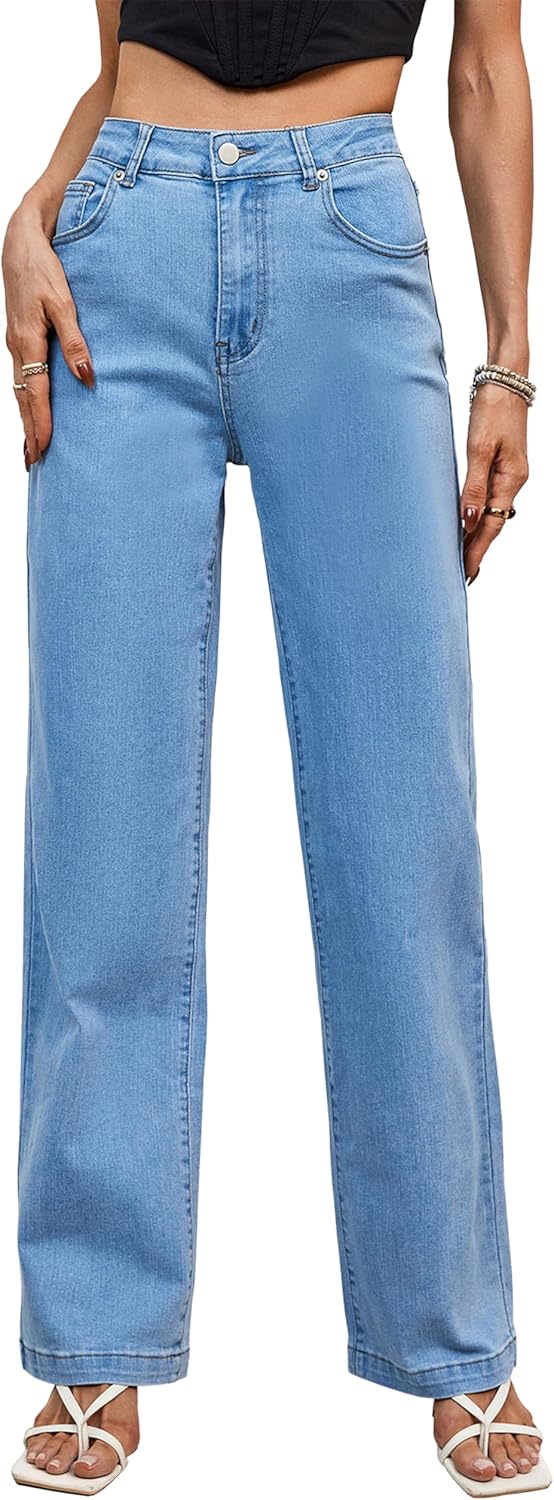Mid Waisted Straight Leg Loose Stretchy Jeans for Women