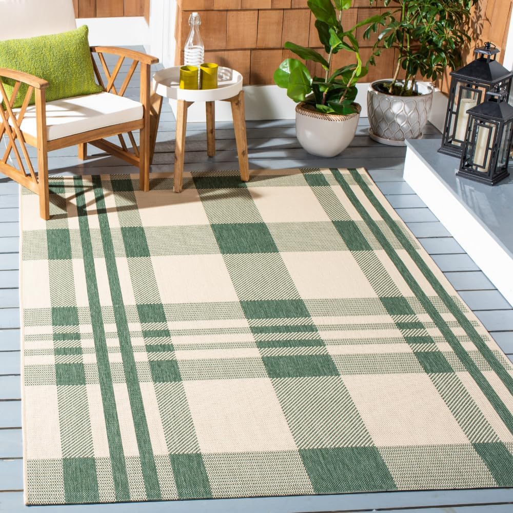 Washable Outdoor Rug - 4ft x 5ft 7in Green & Beige Plaid Design