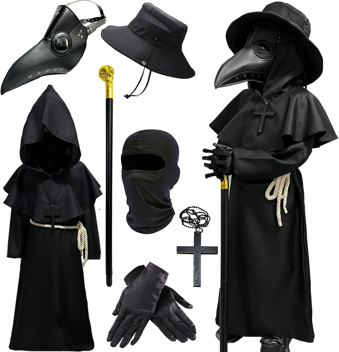 Plague Doctor Costume for Kids 7 in 1 Set for Halloween Fun