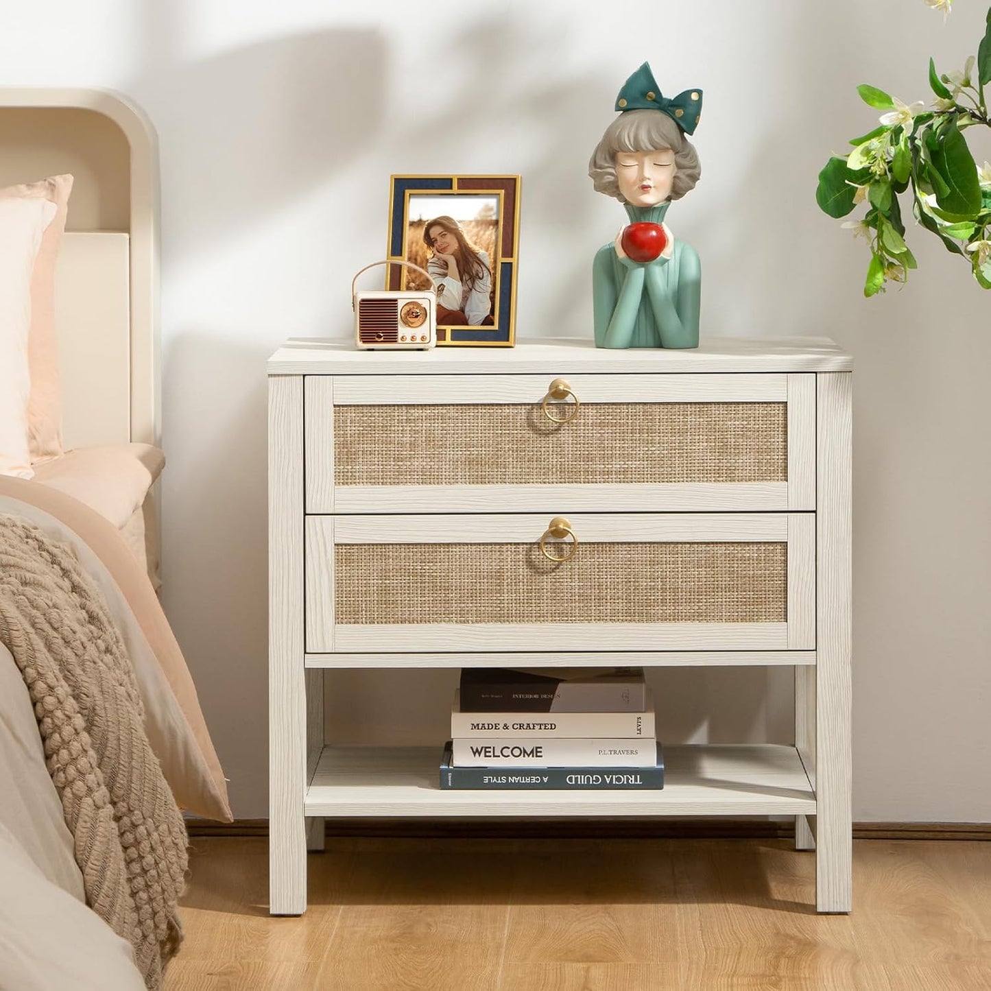 SICOTAS White Night Stand with Drawers and Storage Shelf