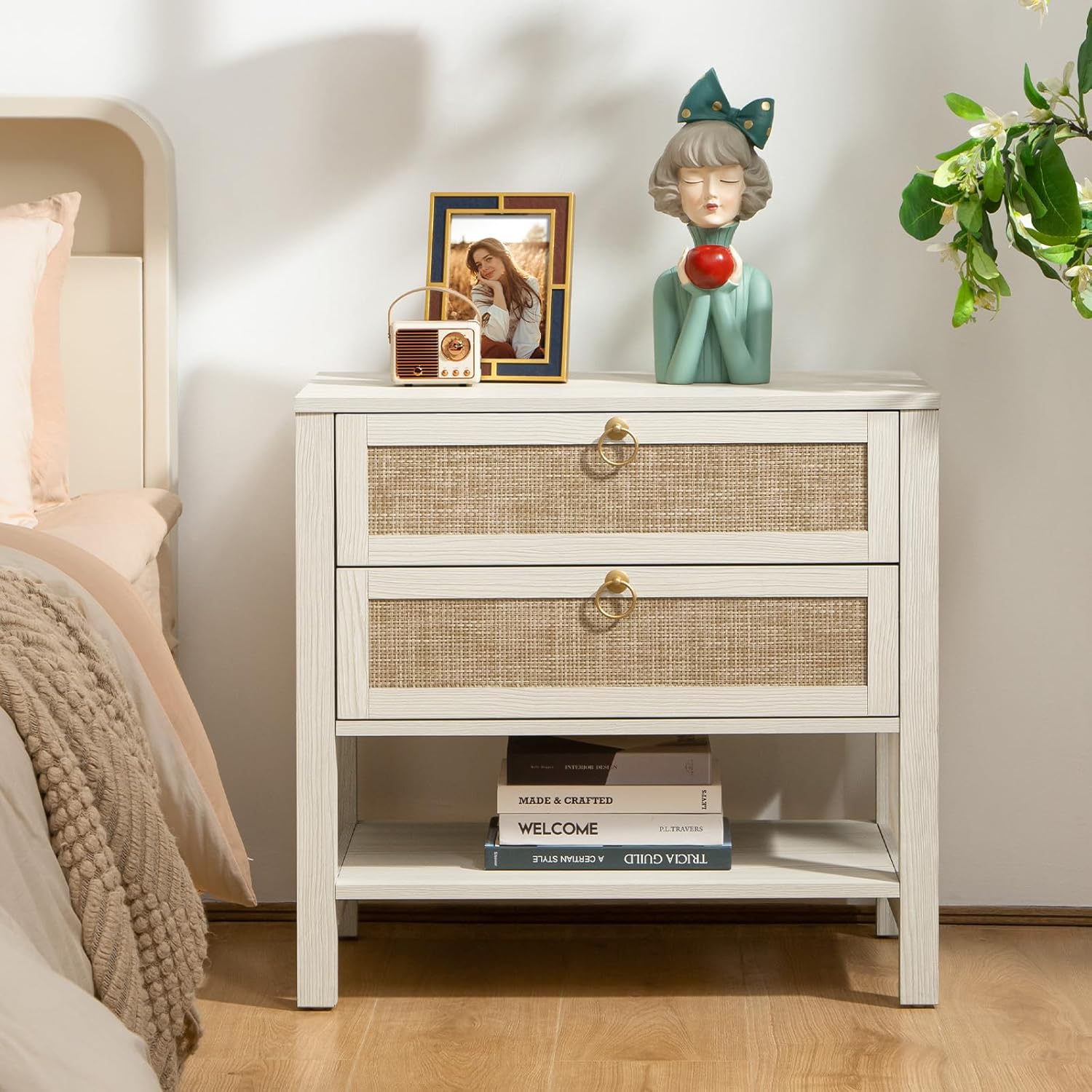 SICOTAS White Night Stand with Drawers and Storage Shelf