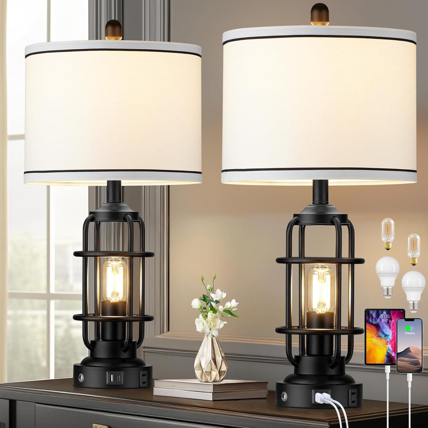 Modern Table Lamps Set of 2 with USB Ports and Dimmable Features