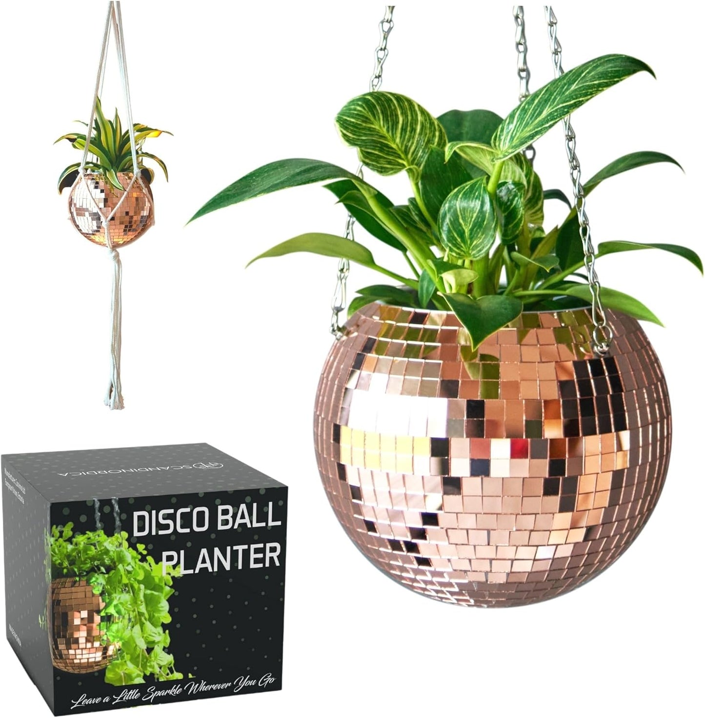 Disco Ball Planter with Chain and Macrame Hanger for Plants