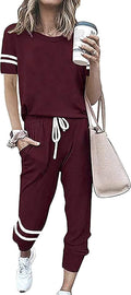 Women Summer Two Piece Striped Tracksuit Set - Lightweight Travel