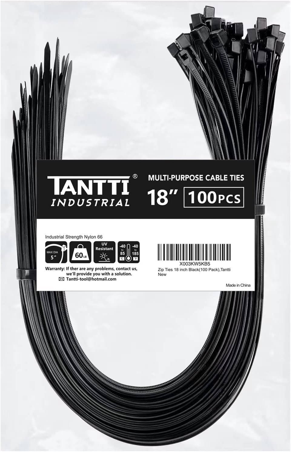 100 Pack 18 Black Zip Ties - Strong, UV Resistant - TANTTI