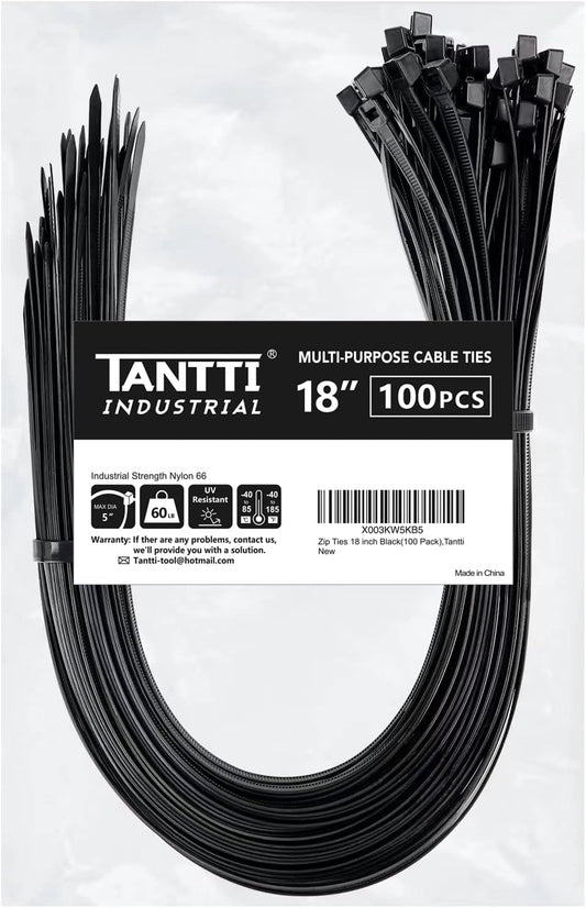 100 Pack 18 Black Zip Ties - Strong, UV Resistant - TANTTI