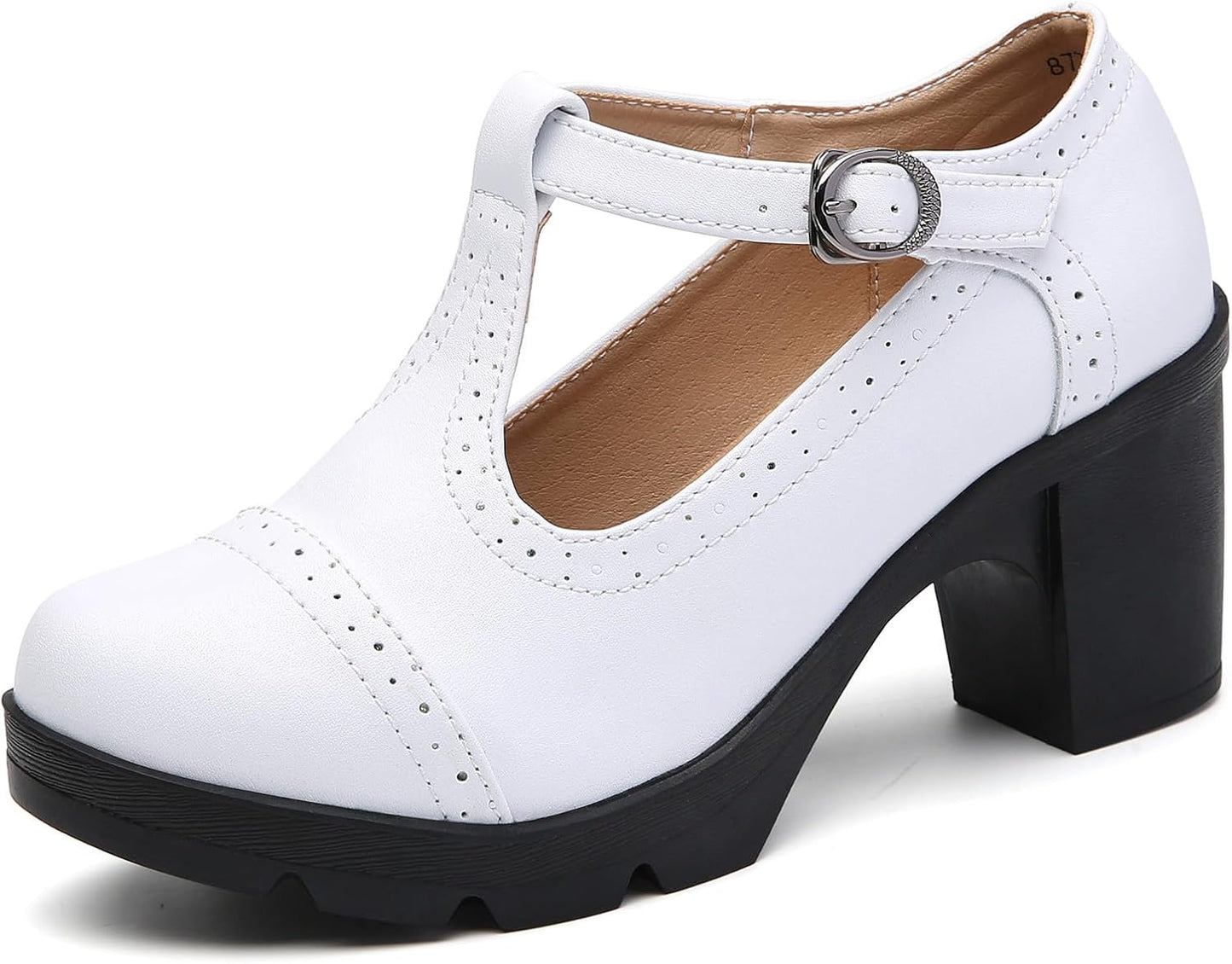 DADAWEN Women's Classic T-Strap Platform Mid-Heel Oxfords Shoes