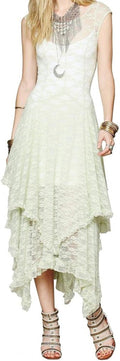 Womens Sleeveless Backless Asymmetrical Layered Lace Long Dress