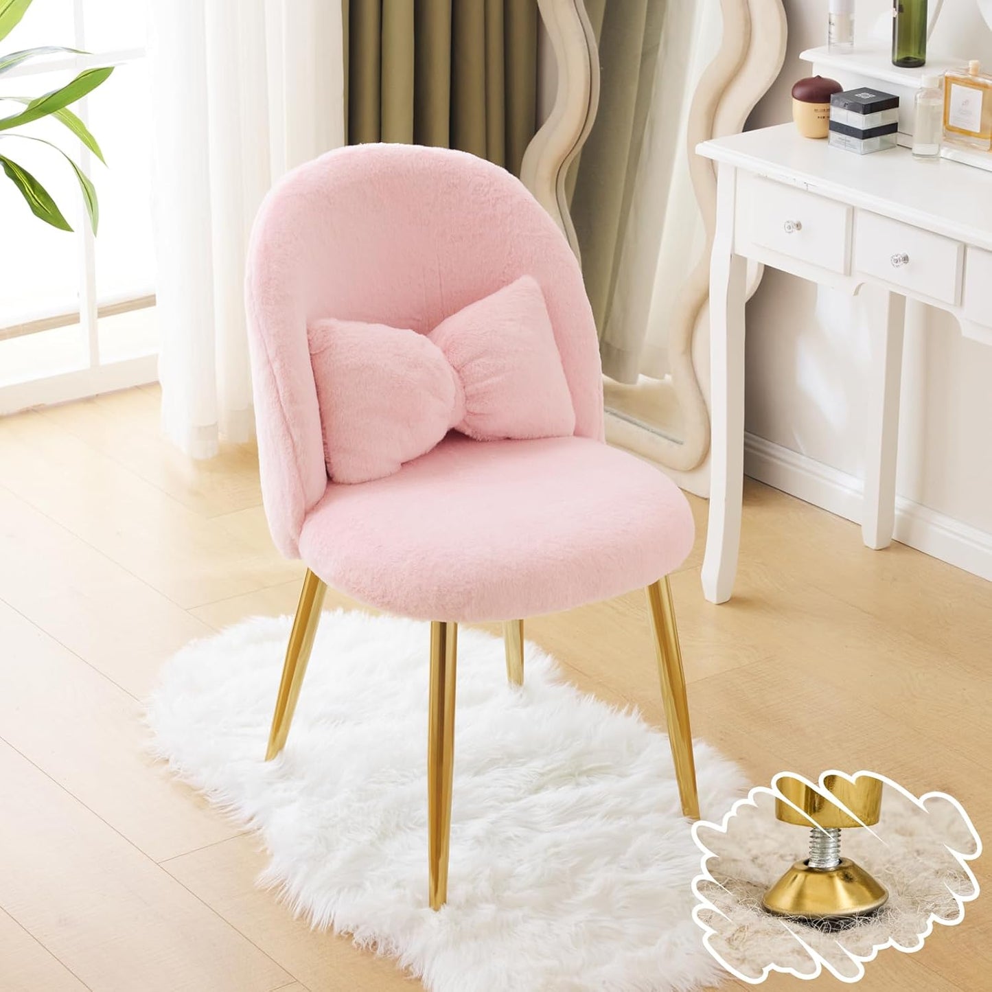 VINGLI Fluffy Girls Vanity Chair with Adjustable Gold Legs