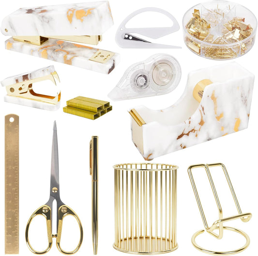 Gold Marble Desk Decor Set - 13 Pcs Aesthetic Kit for Stylish work space