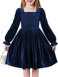 Arshiner Toddler Velvet Dress Girls Smocked Square Neck Puff Long