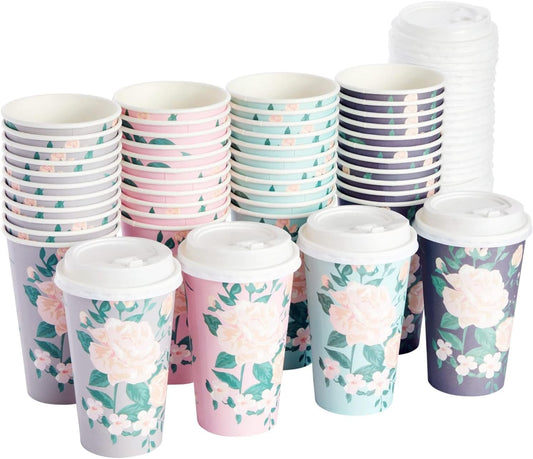 48 Pack 16oz Paper Coffee Cups with Lids - Perfect for Party Themes!