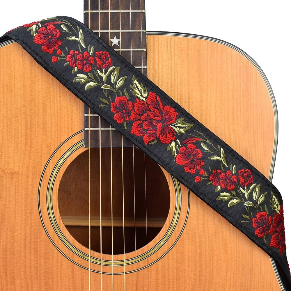 Comfortable 2 Wide Guitar Strap for All Ages - Red Rose Jacquard Pattern