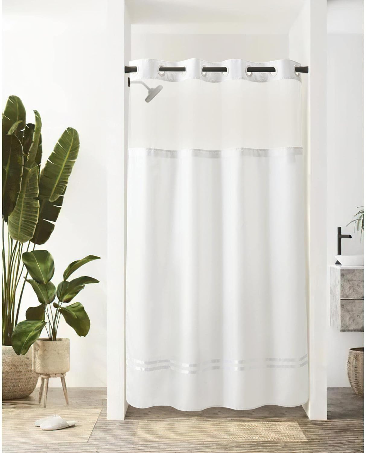 Hotel Grade Snap-In Shower Curtain, No Hooks Needed - Machine Washable - White Stripe