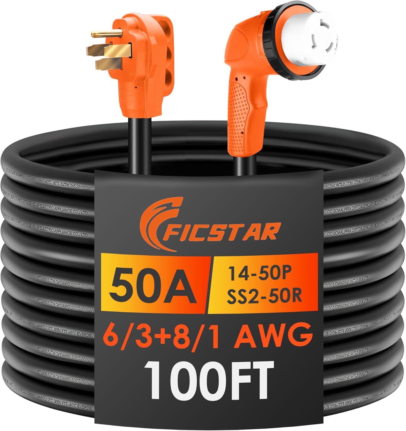 50 Amp RV Extension Cord 100 ft with Grip Handle and LED Indicator