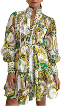 Women's Bohemian Floral Button Down Lantern Sleeve Shift Tunic Dress