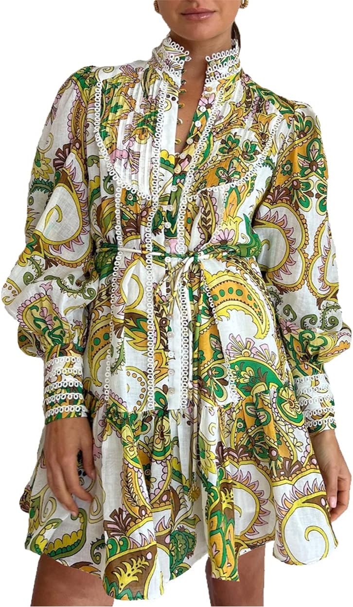 Women's Bohemian Floral Print Button Down Long Lantern Sleeve Dress