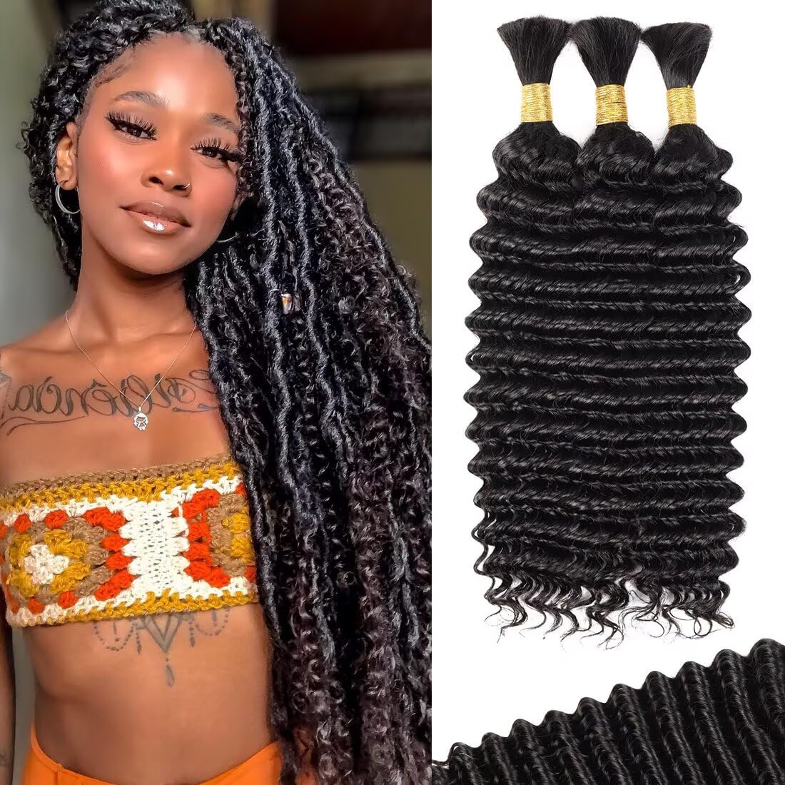 Human Braiding Hair for Boho Braids 20 Inch Curly 12A Deep Wave