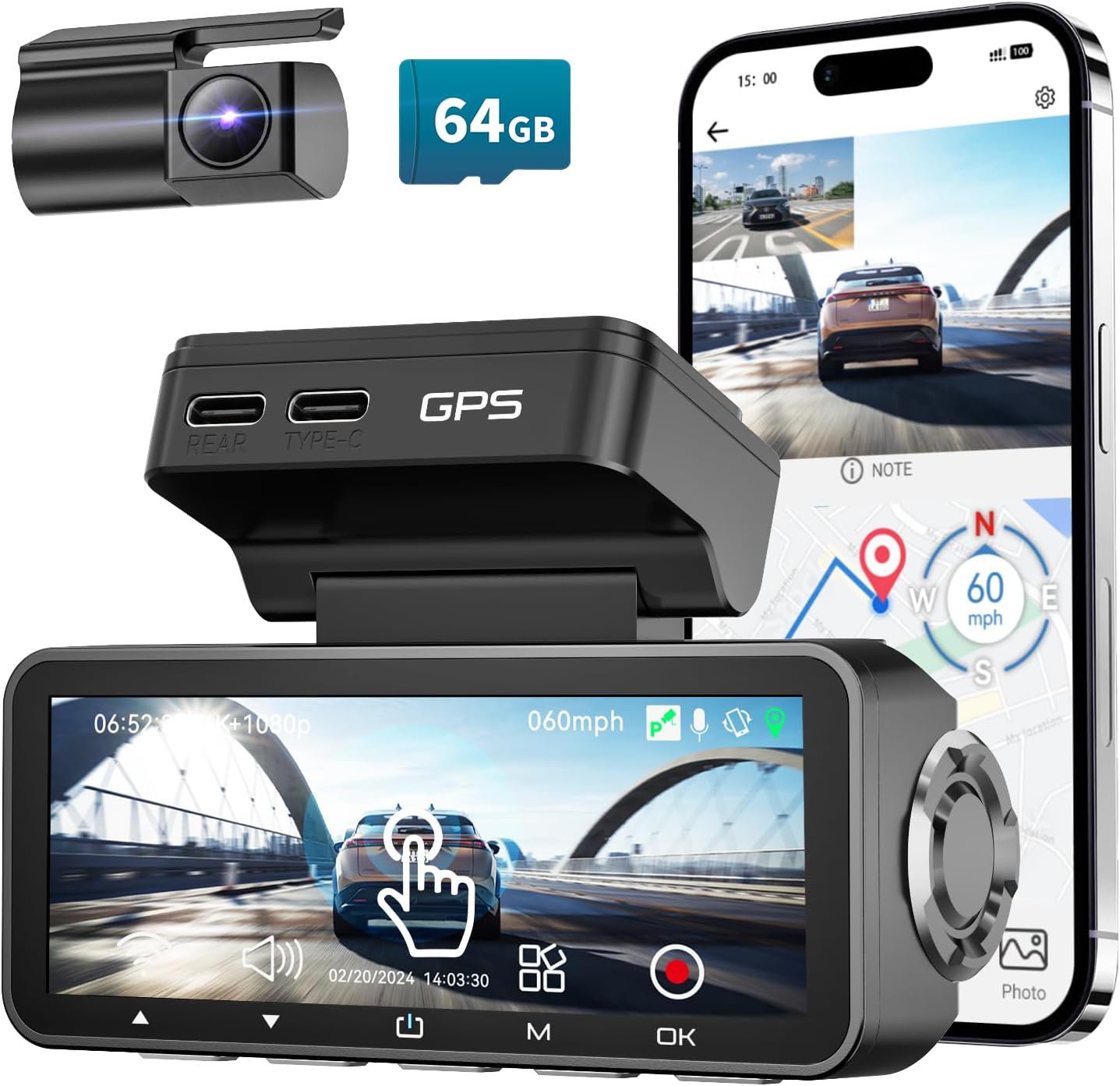 FocuWay 4K Dual Dash Cam - Voice Control, GPS, WiFi, HDR