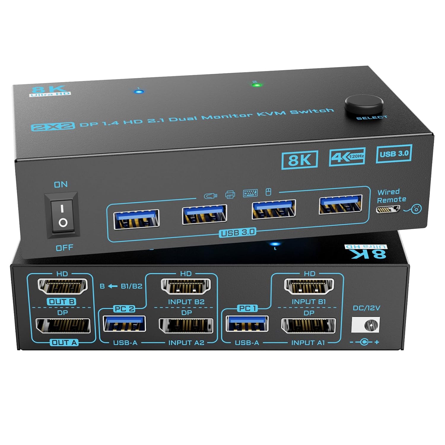 8K Displayport HDMI Dual Monitor KVM Switch for 2 PCs