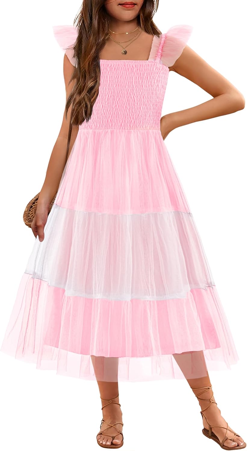 Arshiner Tween Girls Dress with Ruffle Sleeve and Tulle Skirt