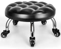 Low Rolling Stool with Wheels - Compact PU Leather Low Roller Seat