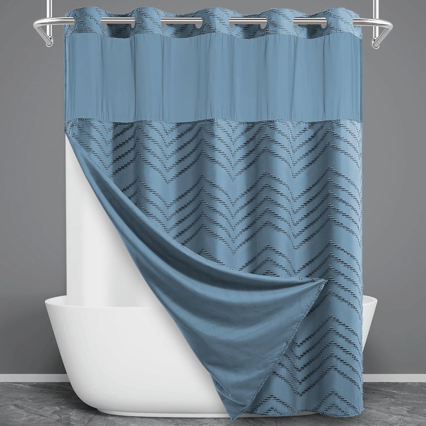 No Hook Shower Curtain Set with Tufted Chevron Design for Bath
