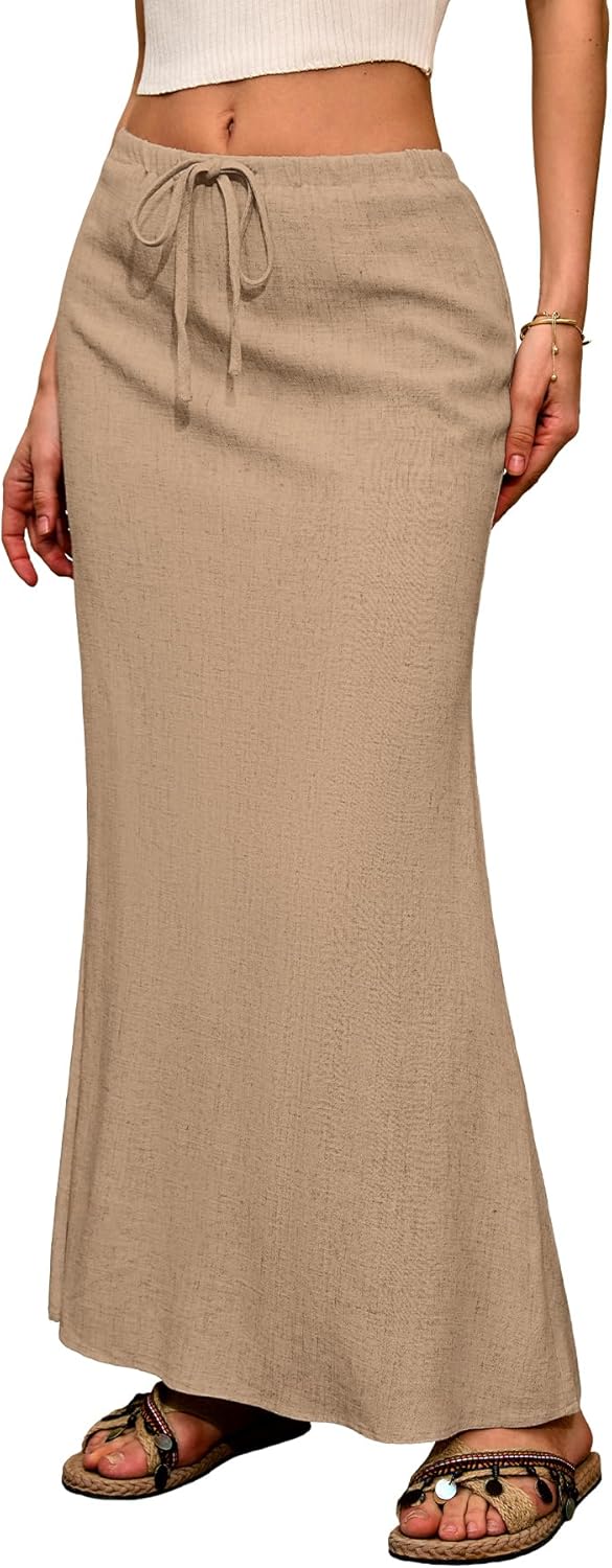ELLEVEN Linen Flared Maxi Skirt with Back Slit for Summer Style