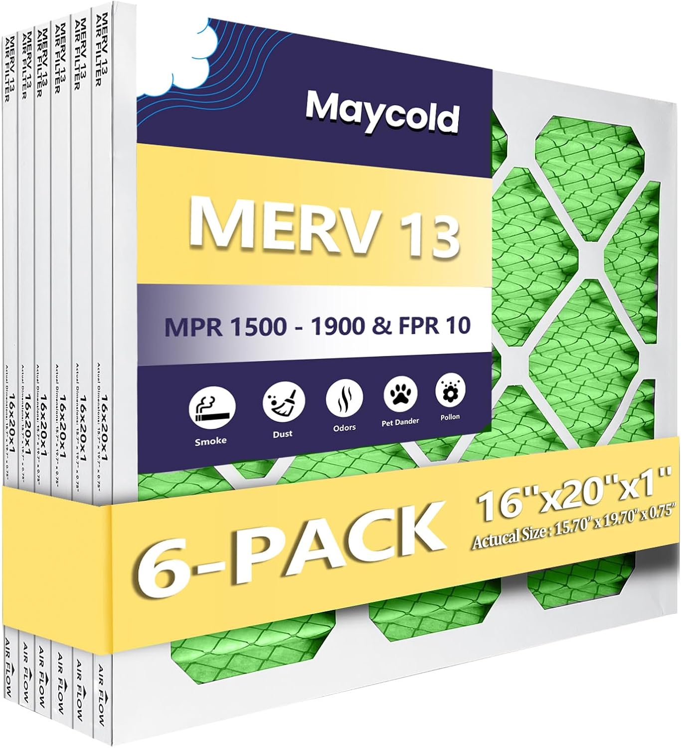 Maycold MERV 13 16x20x1 Air Filter 6-Pack for Superior Filtration