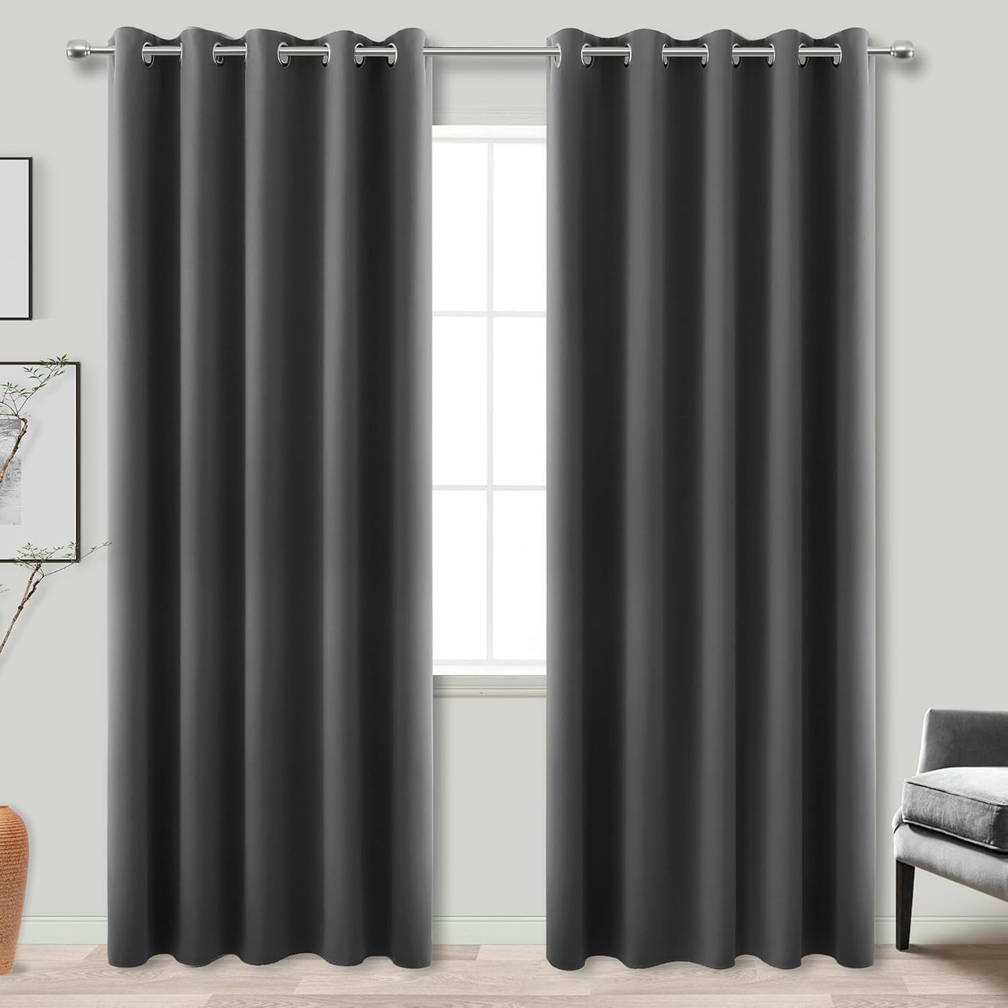 KOUFALL Grey Wide Curtains for Windows, 100% Blackout 60 x 84 in