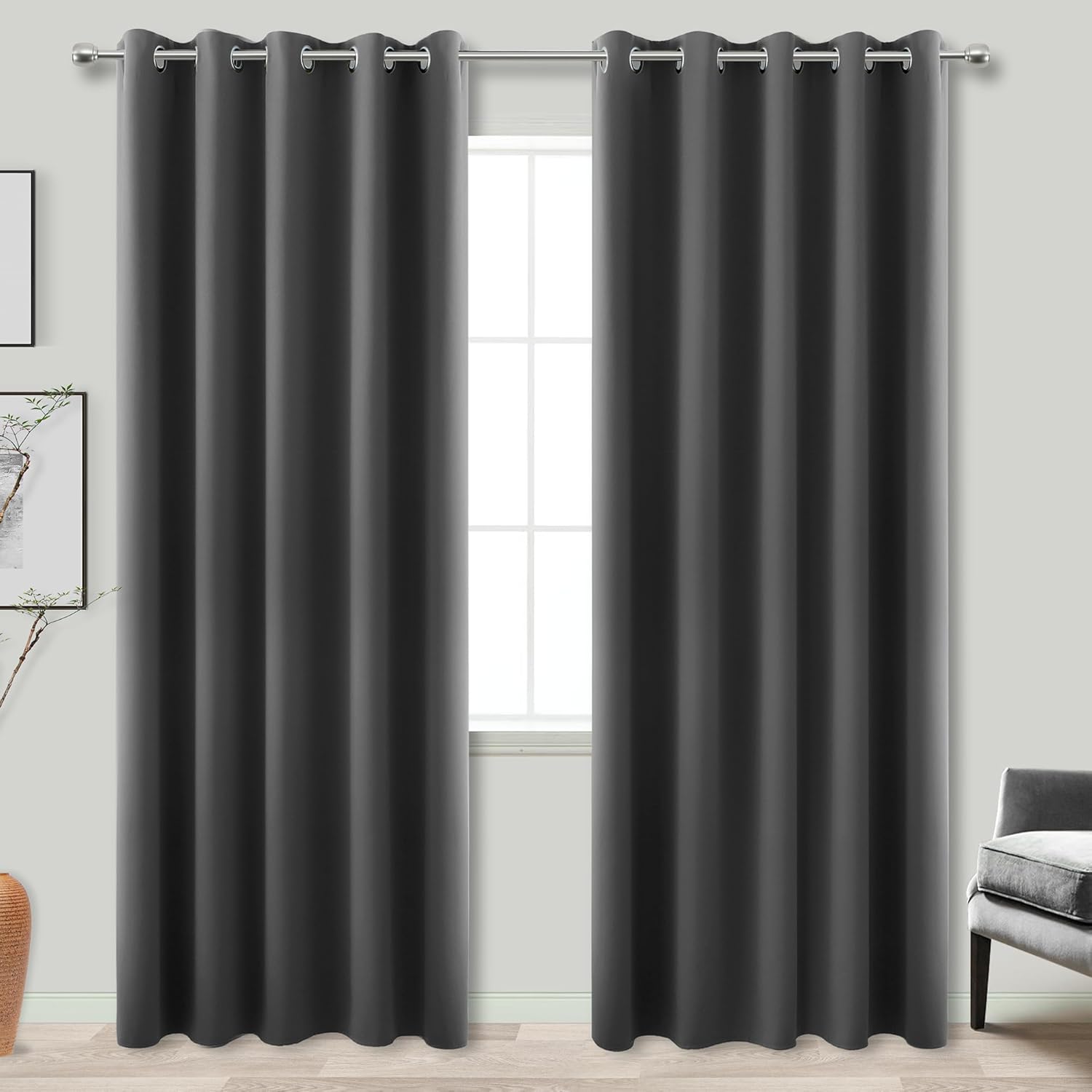KOUFALL Grey Wide Curtains for Windows, 100% Blackout 60 x 84 in