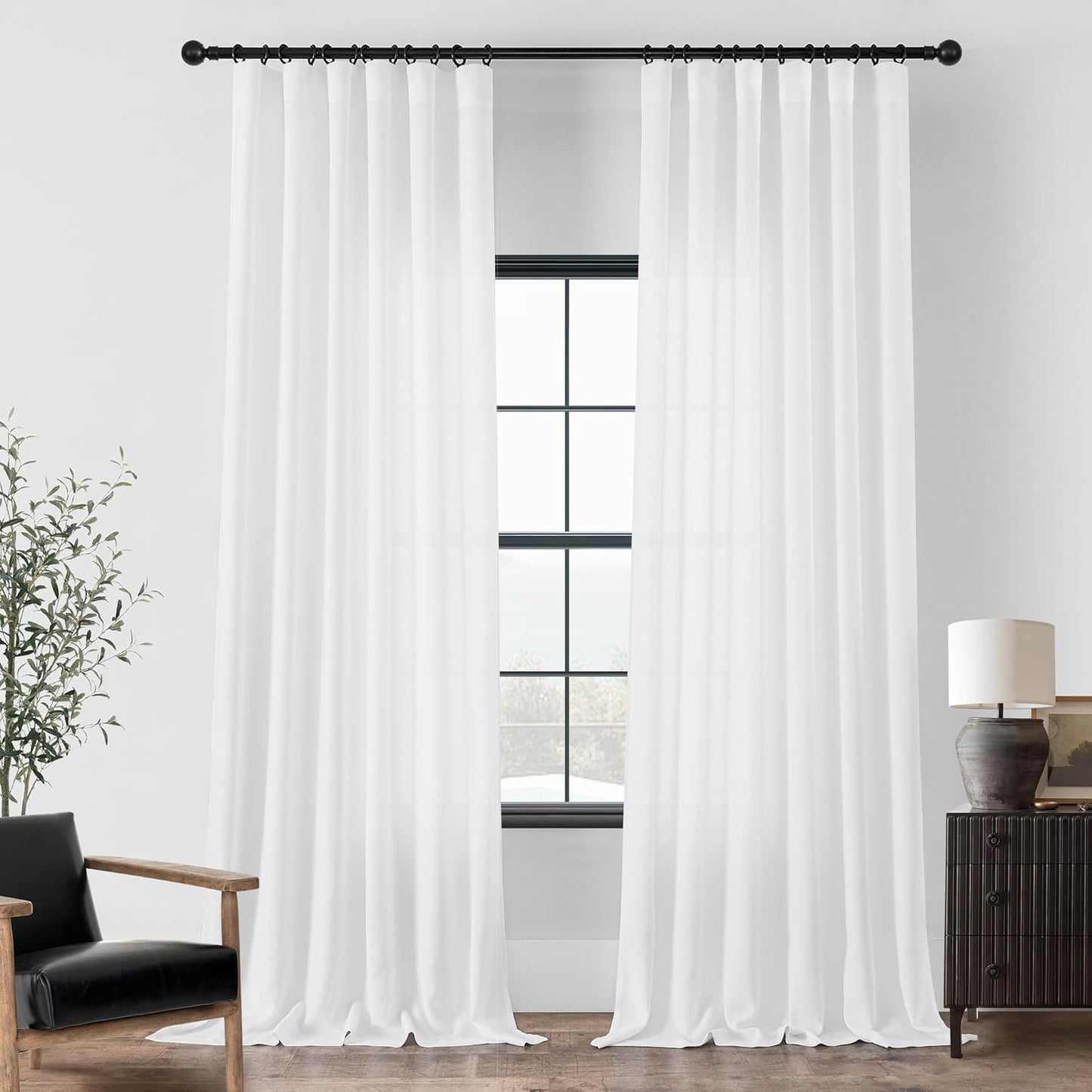 White Linen Curtains 132 Inch Length for High Living Room