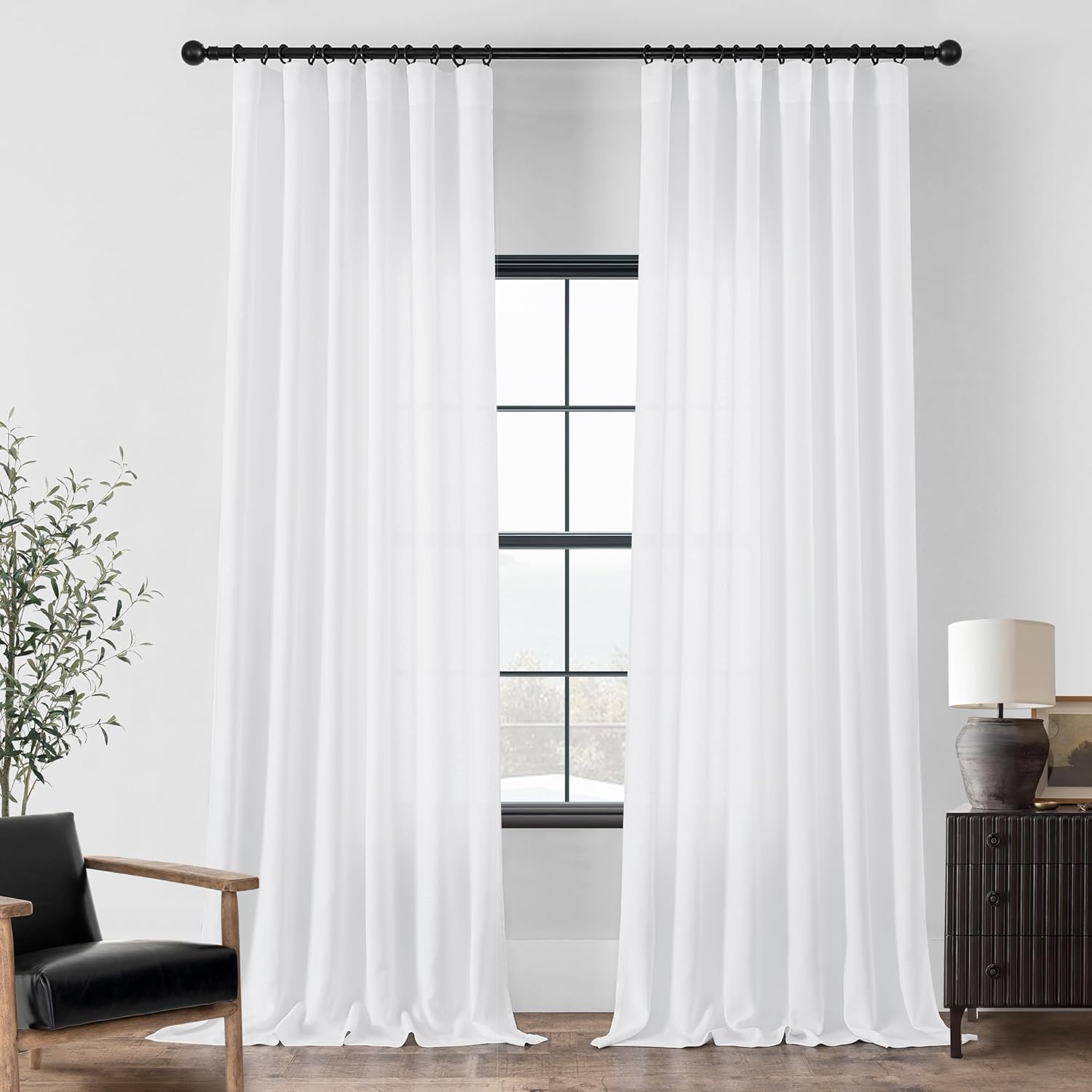 White Linen Curtains 132 Inch Length for High Living Room