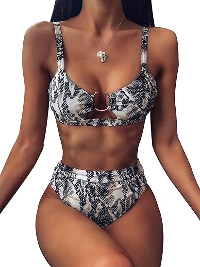 EJsoyo Women High Waisted Bikini Ring Snakeskin Print Swimwear