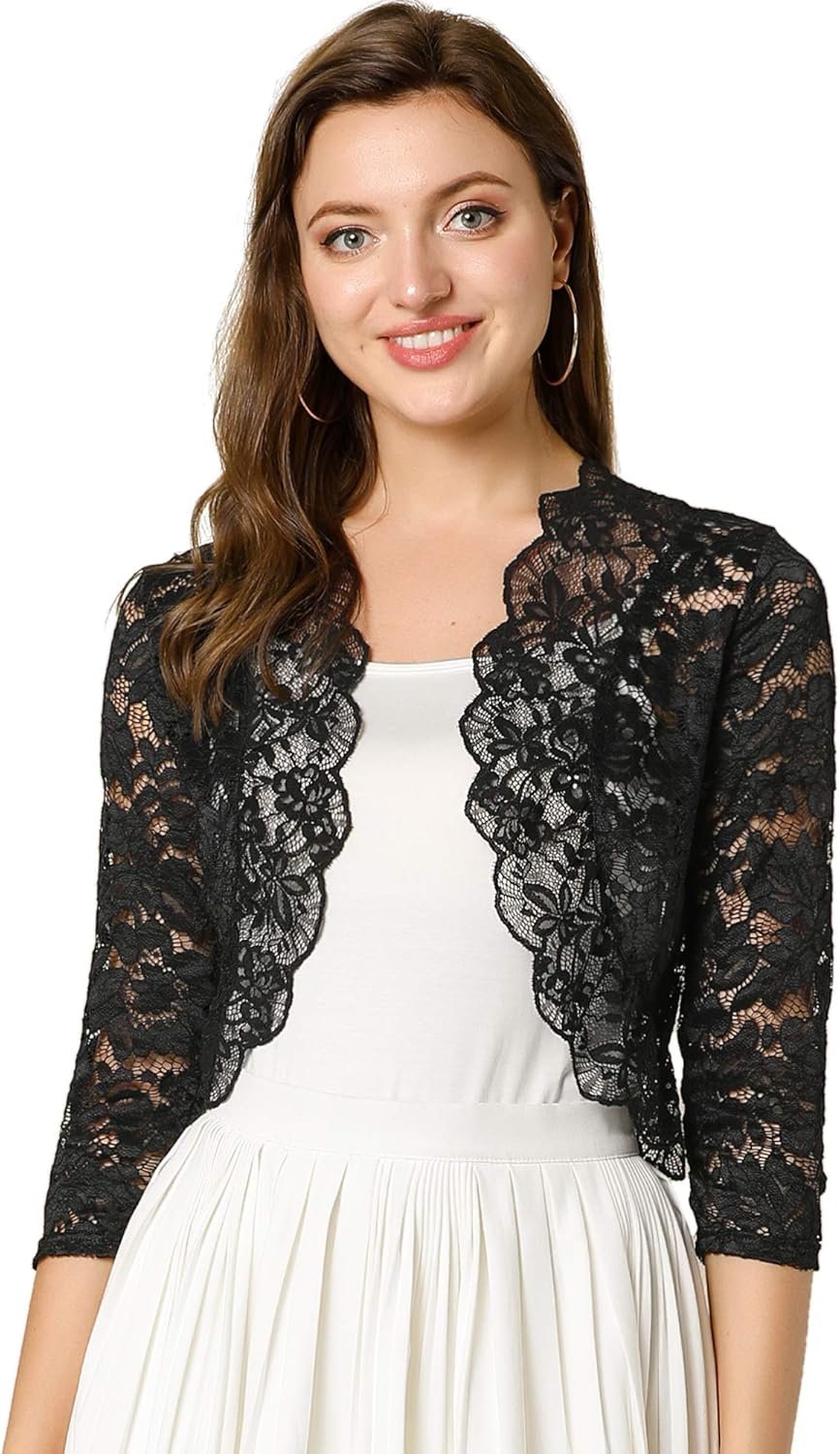 Elegant 3/4 Sleeve Sheer Floral Lace Shrug Top for Women