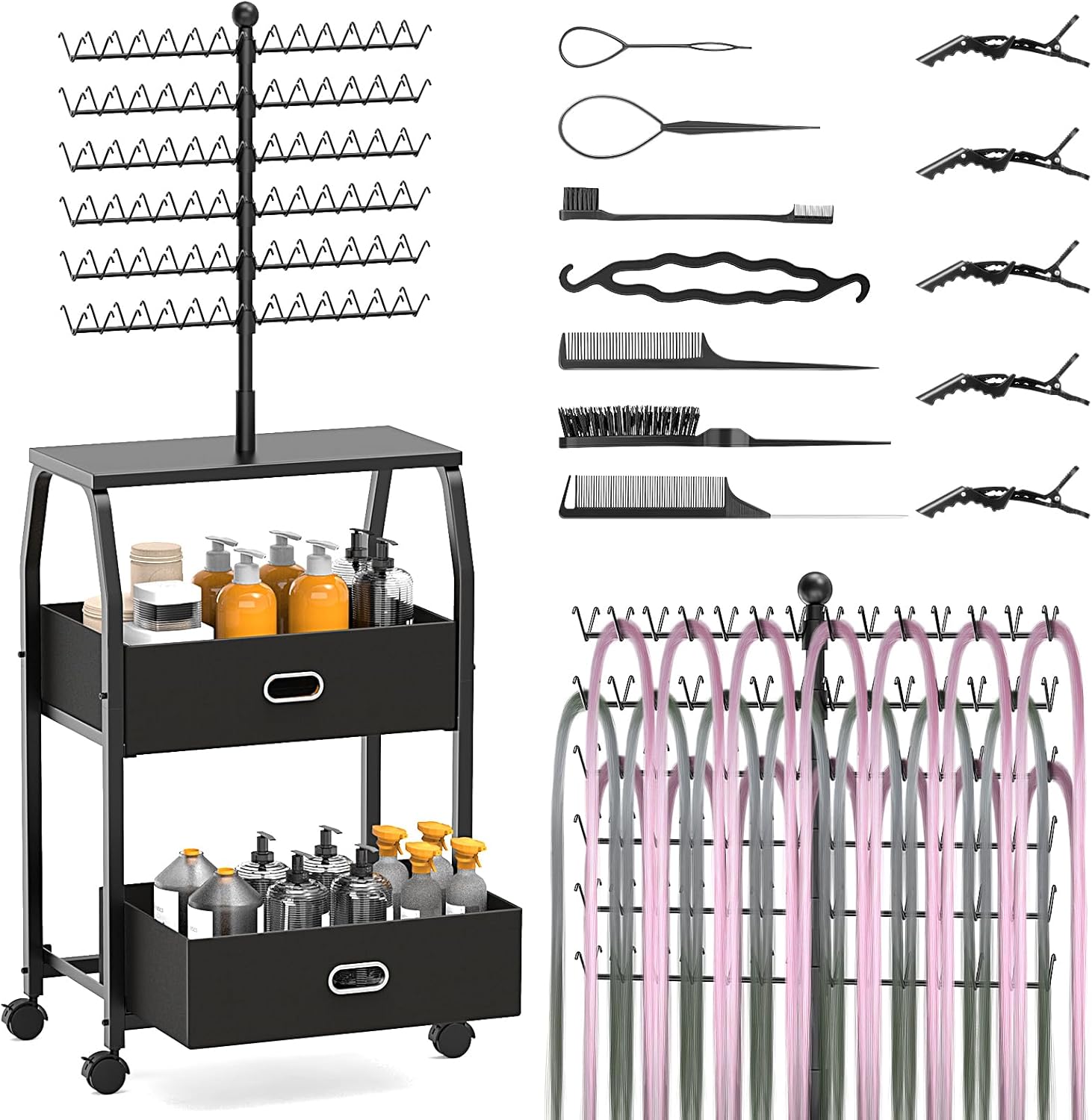 Portable Braiding Hair Rack with Wheels & Storage Drawers