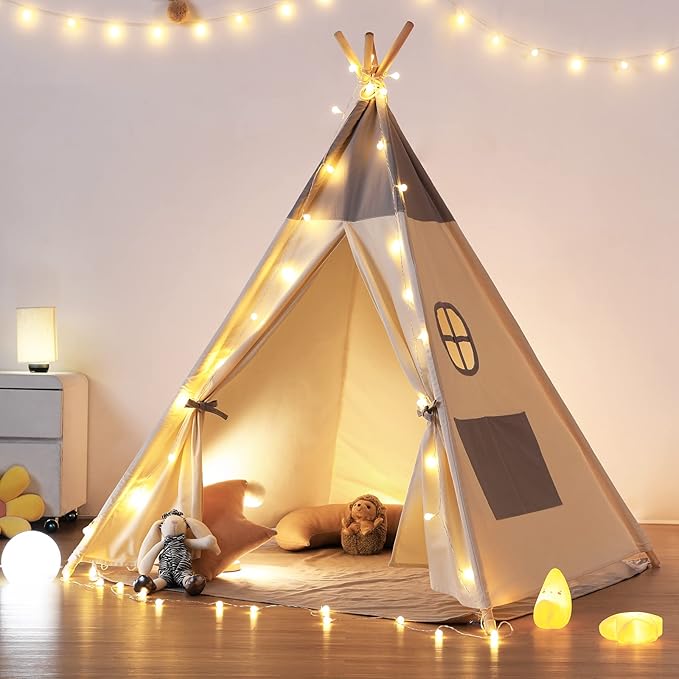 Teepee Tent for Kids with Light & Mat - Indoor Playhouse Fun