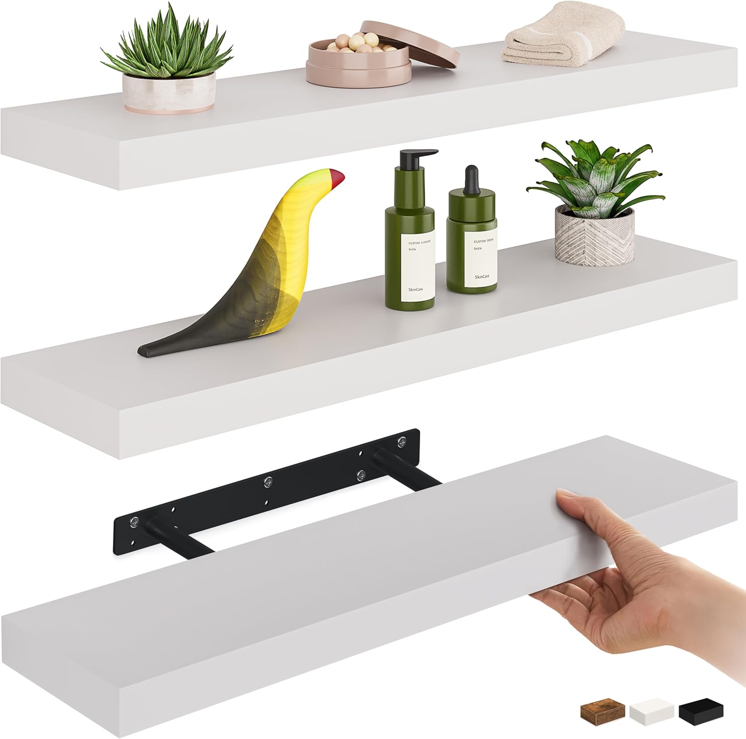 Floating Shelves for Wall - Set of 3 White Wood Shelves