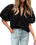 BTFBM Womens Casual Summer Blouse Hollow Out Eyelet Embroidery - Flowy