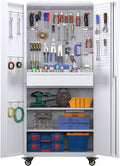 Garage Storage Cabinet 71in White Metal Rolling Tool Cabinet with Lock