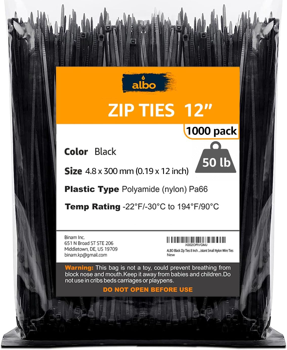1000 Pack Heavy Duty 12 Black Zip Ties by Albo