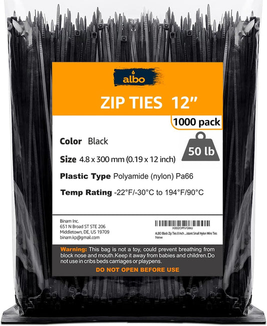 1000 Pack Heavy Duty 12 Black Zip Ties by Albo