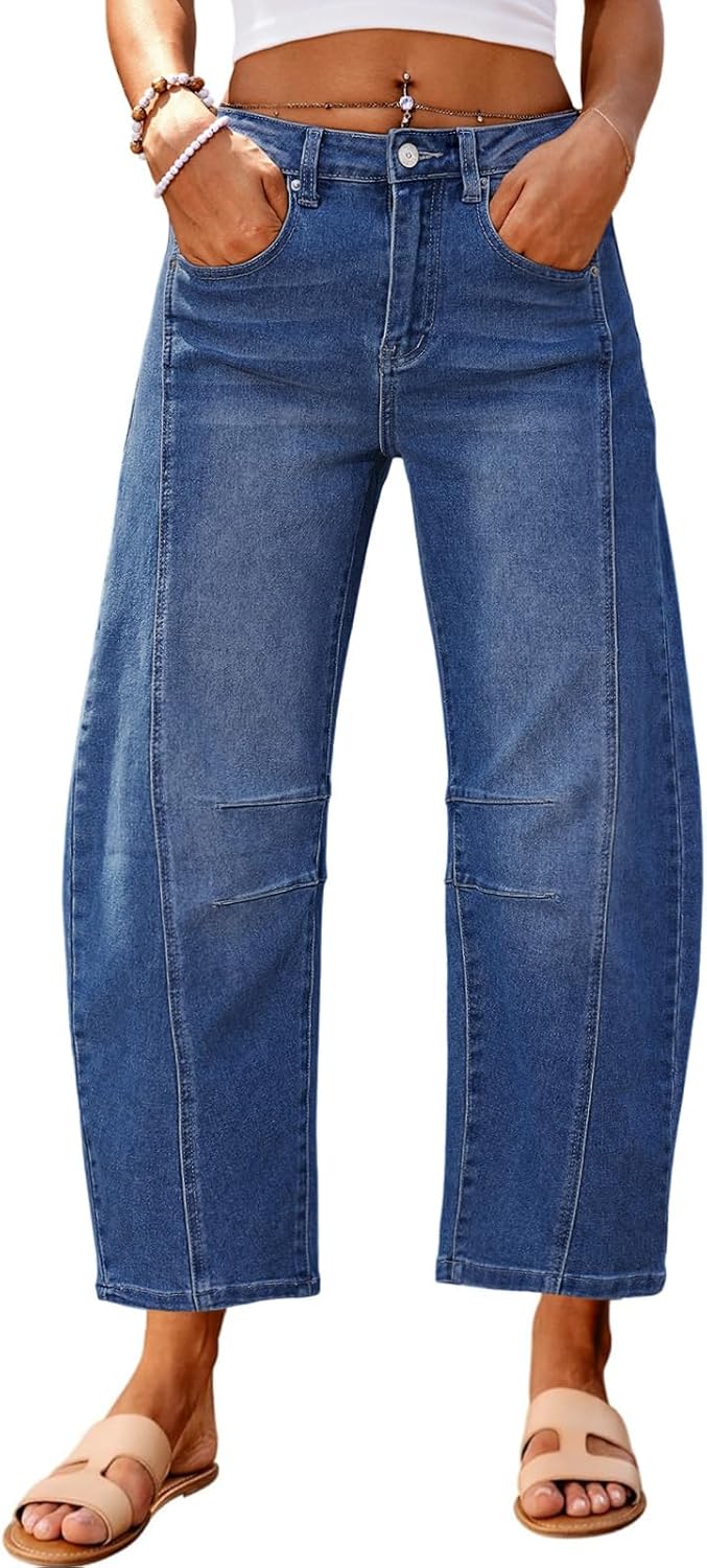 Genleck Barrel Jeans Women Wide Leg Cropped High Waisted Denim