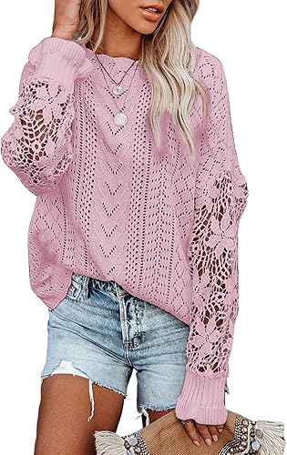 AlvaQ Women's 2023 Lace Crochet Long Sleeve Sweater for Fall