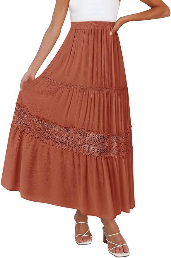 ZESICA Women's Summer Bohemian Lace Trim Flowy Maxi Skirt