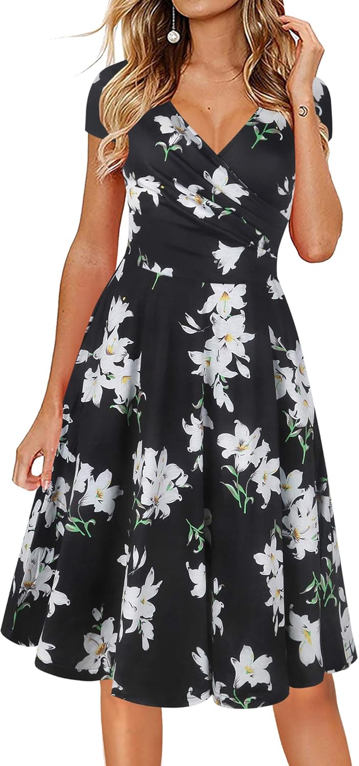Oxiuly Women's Cap Sleeve Summer Casual Floral Vacation Dress